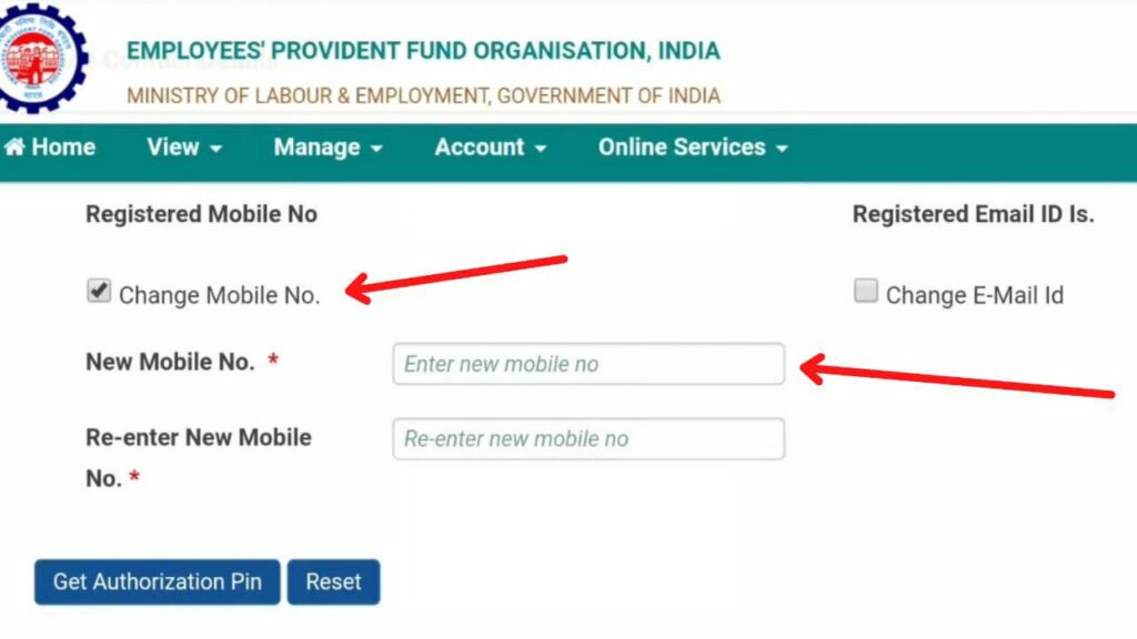Change mobile number PF account