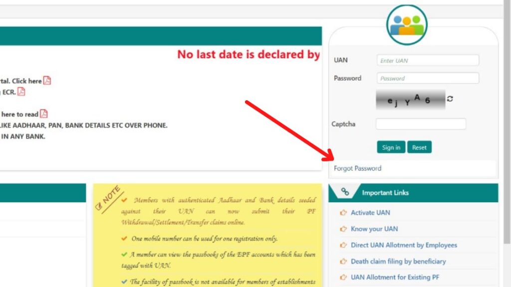 Forget password option on EPF portal