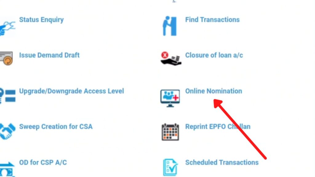 Shows the 'Online Nomination' option on SBI Online website