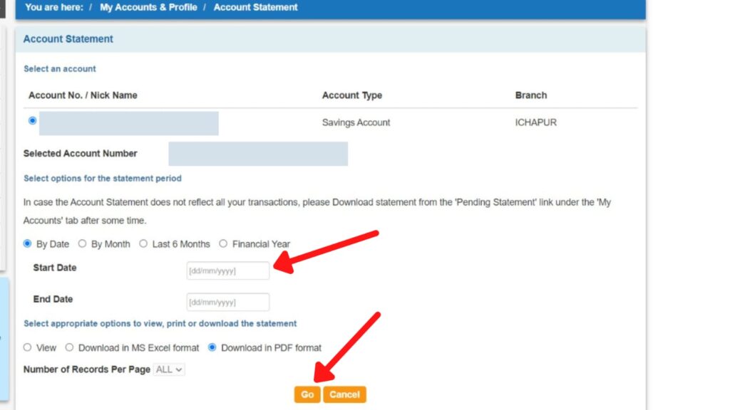 Account statement download page SBIOnline