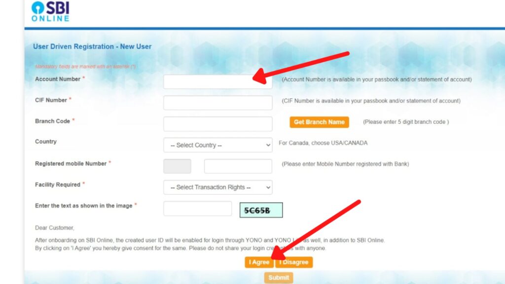 SBI Net Baking registration form