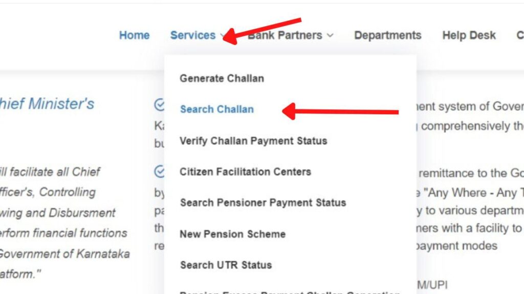 Search Challan option on the Khajane 2 website
