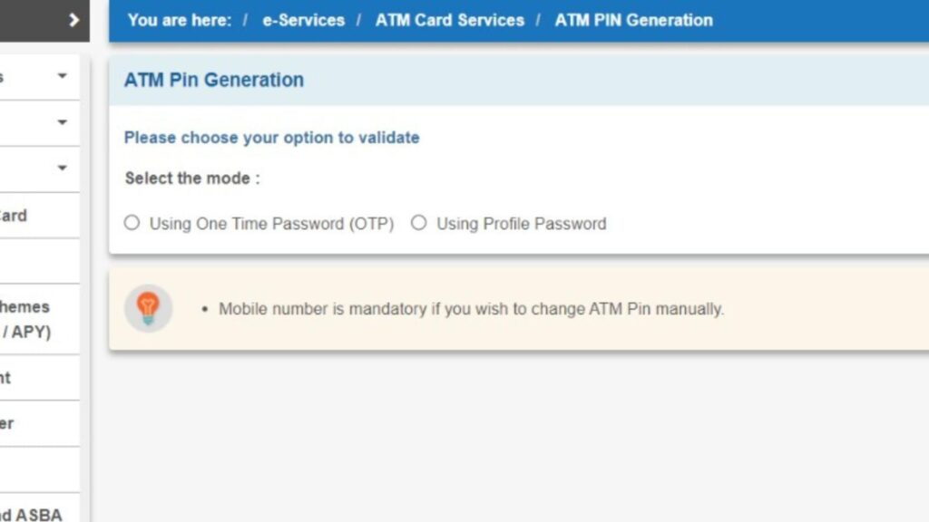 ATM Pin generation page on OnlineSBI