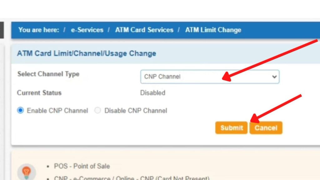 Change channel type page on SBI Online