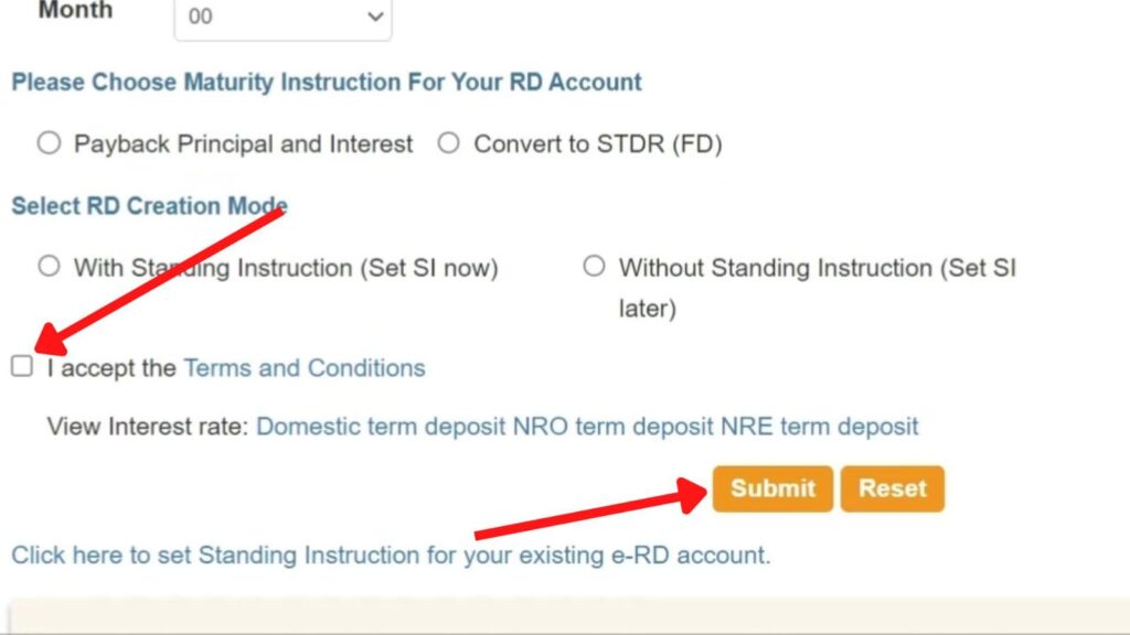 SBI RD account creation form submit page