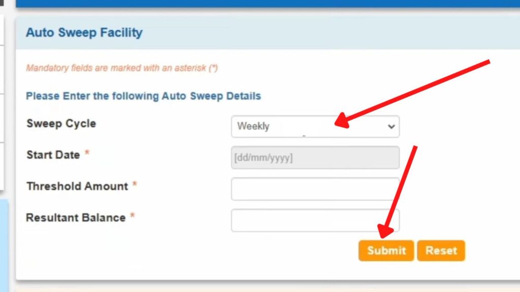 SBI auto sweep details entry page
