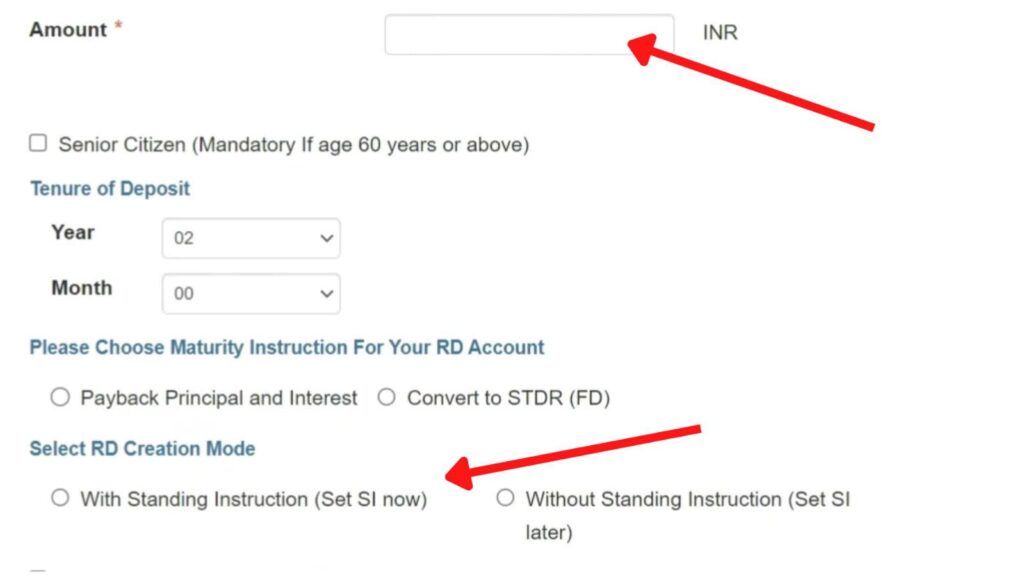 SBI recurring deposit creation page