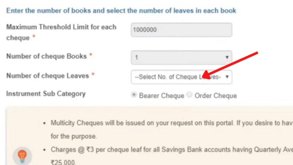 Account selection page for cheque book request OnlineSBI