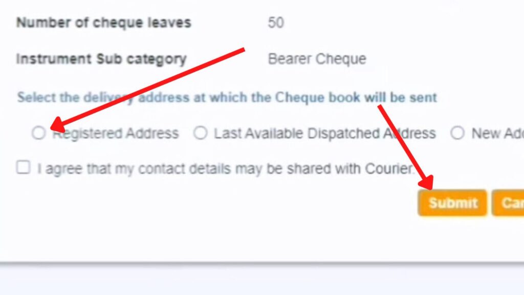 Address selection page for cheque book request
