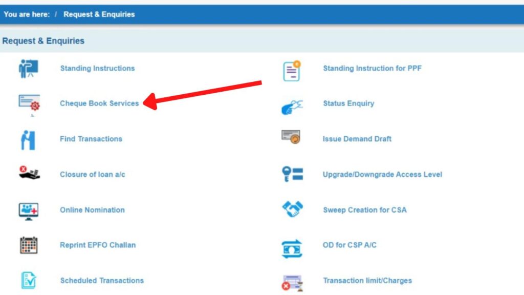 Cheque Book Services option on OnlineSBI