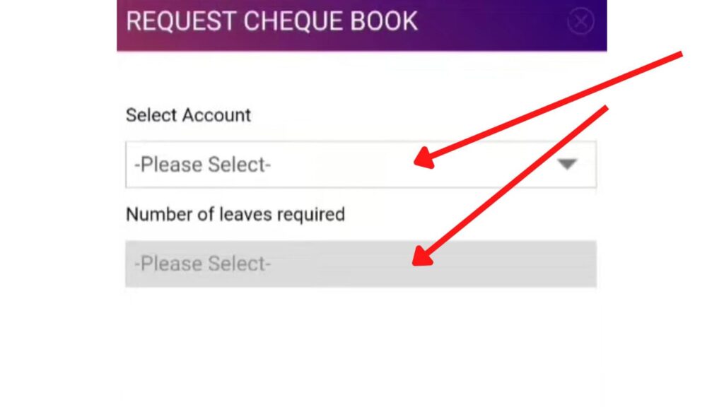 Select account page for chequebook request