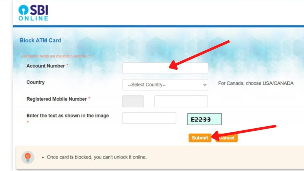 Block ATM card page on OnlineSBI