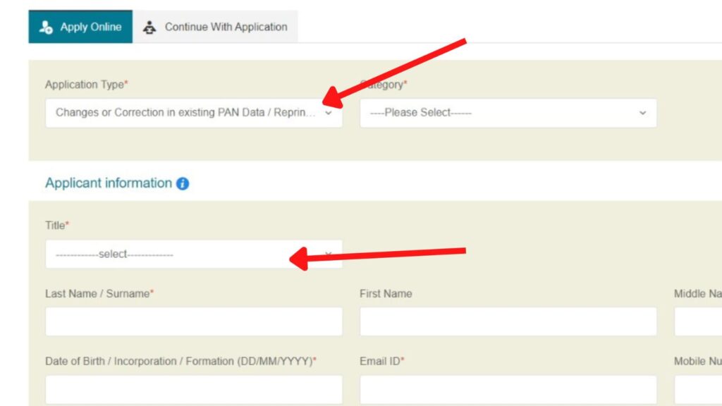 PAN card correction application form