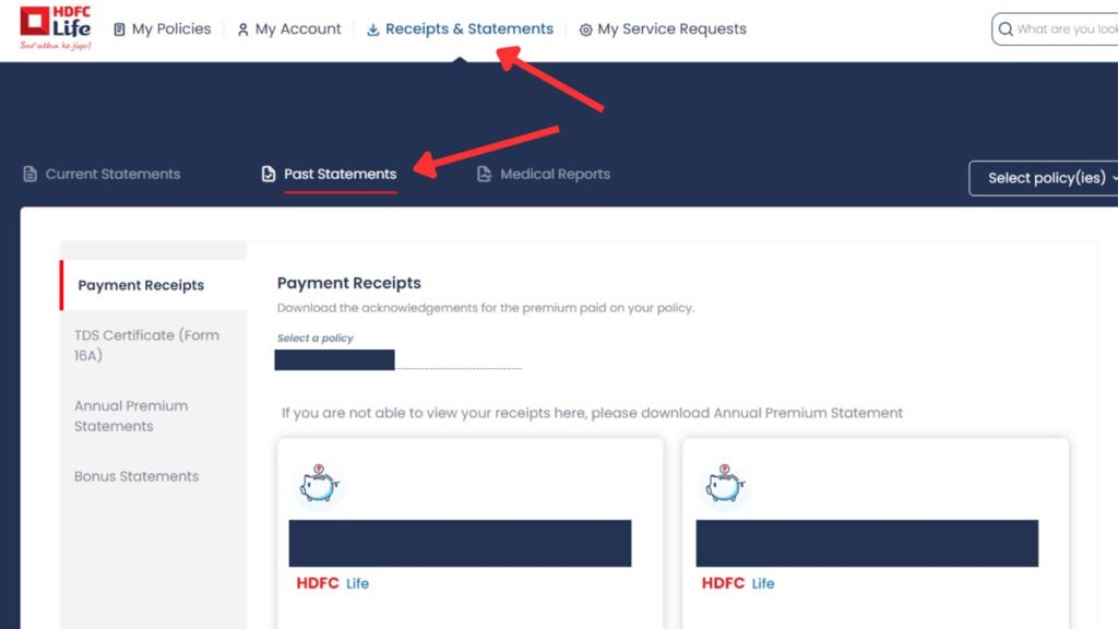 HDFC Life payment receipts page